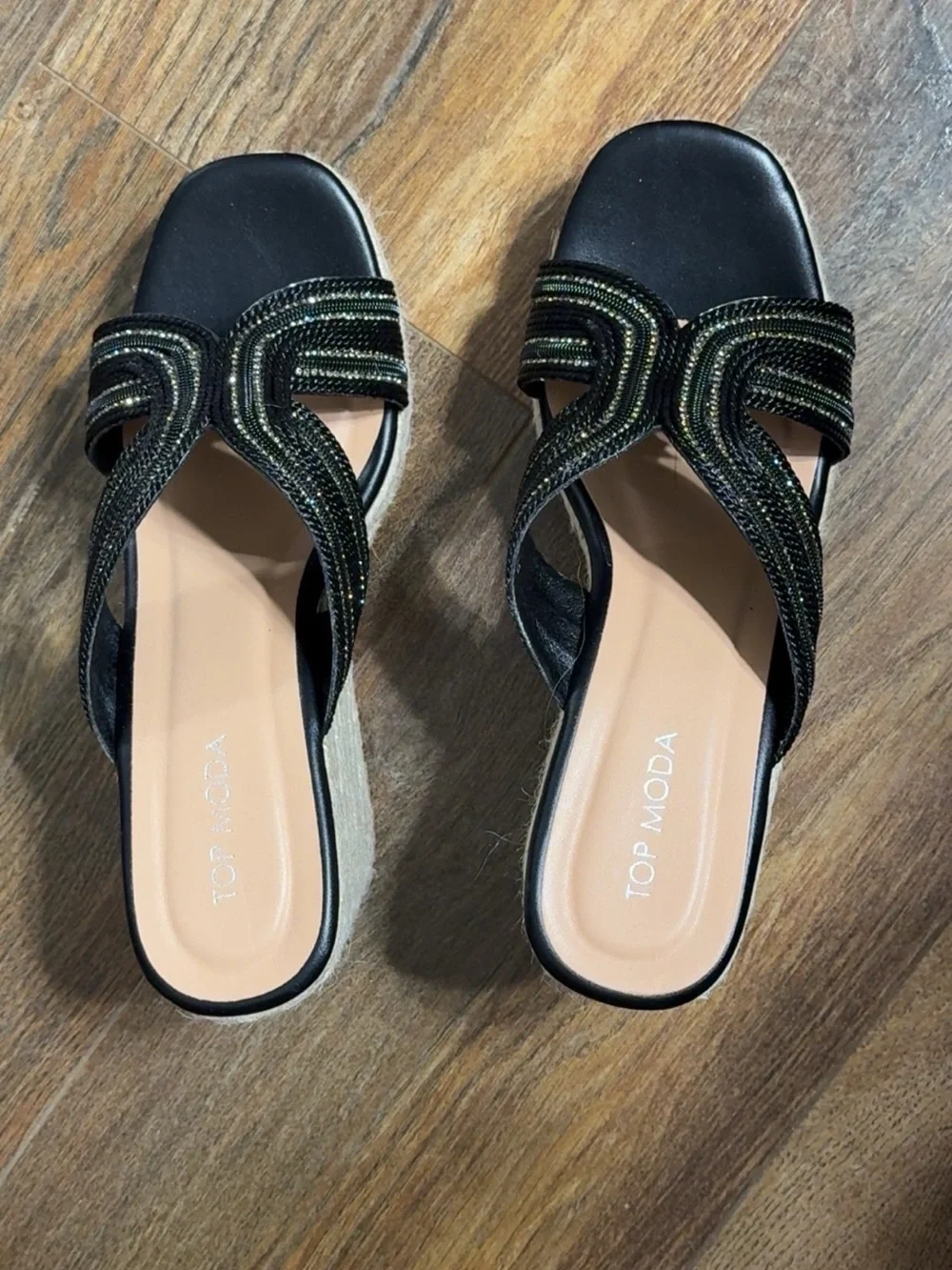 TOP Moda Black Wedge Slide Sandals with Decorative Straps